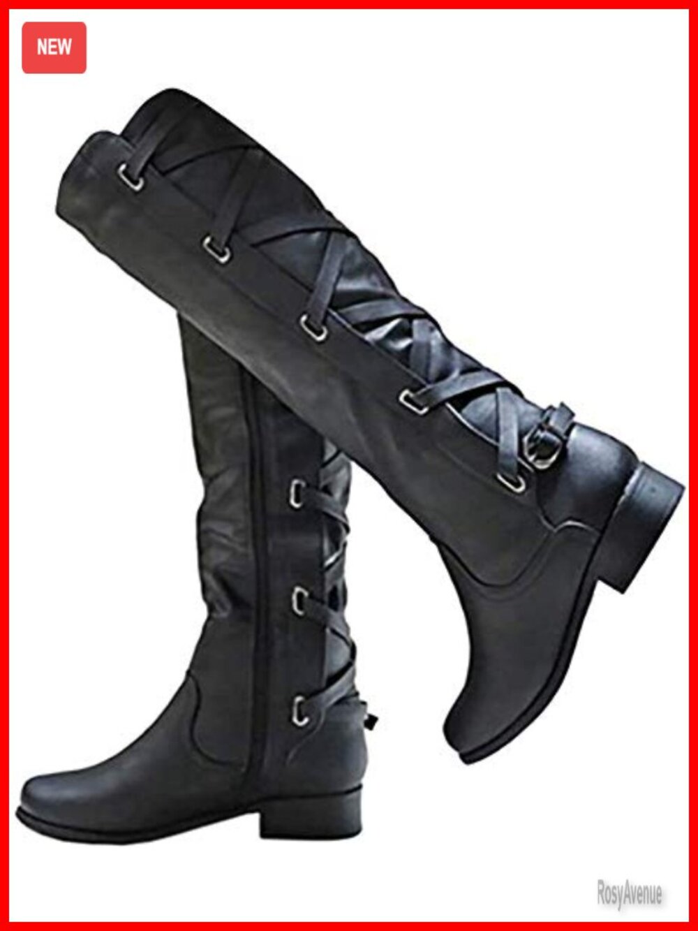 Lace Up Knee High Combat Boots Low Block Heel Side Zipper Faux Leather